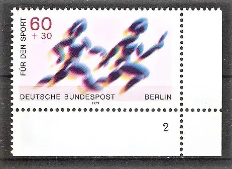 Briefmarke Berlin Mi.Nr. 596 ** BOGENECKE u.r. mit FORMNUMMER 2 / Sporthilfe 1979 - Staffellauf