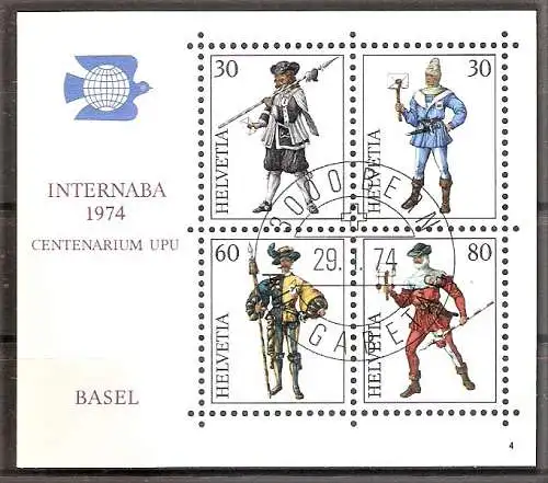 Briefmarke Schweiz Block 22 o (Mi.Nr. 1020-1023) Internationale Briefmarkenausstellung INTERNABA 1974 in Basel / Standesläufer