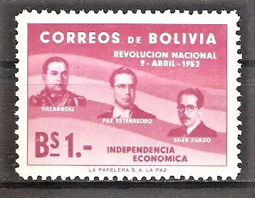 Briefmarke Bolivien Mi.Nr. 524 ** Revolution vom 9. April 1952 / Gualberto Villaroél, Paz Estenssoro, Hernan Siles Zuazo