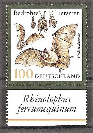 Briefmarke BRD Mi.Nr. 2086 ** Unterrand - Bedrohte Tierarten 1999 / Fledermaus Große Hufeisennase (Rhinolophus ferrumequinum)
