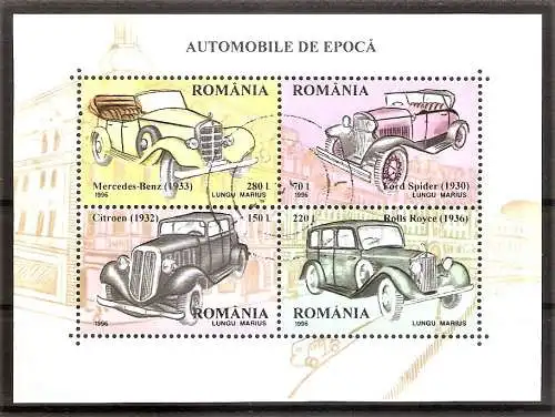 Briefmarke Rumänien Block 303 o (Mi.Nr. 5219-5222 o) Automobile 1996 / Mercedes Benz, Ford Spider, Citroën, Rolls Royce