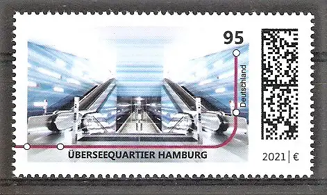 Briefmarke BRD Mi.Nr. 3593 ** U-Bahn-Stationen 2021 / U-Bahn-Haltestelle Überseequartier Hamburg
