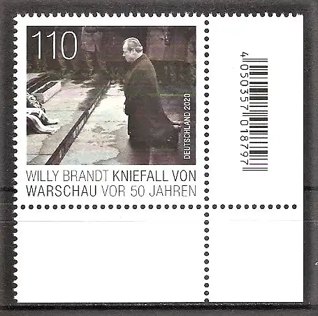 Briefmarke BRD Mi.Nr. 3579 ** Bogenecke unten rechts - 50. Jahrestag des Kniefalls von Warschau 2020 / Bundeskanzler Willy Brandt