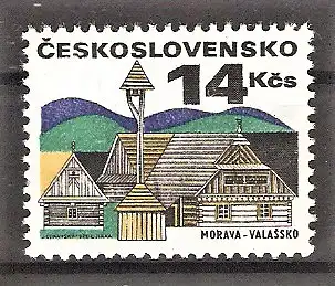 Briefmarke Tschechoslowakei Mi.Nr. 2013 x ** Alte Bauwerke 1971 / Wohngebäude und Glockenturm in der Region Valašsko in Mähren