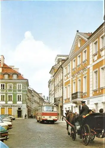 Ansichtskarte Polen - Warschau / Ulica Freta - Straßenansicht mit Pferdekutsche und Reisebus (2692)