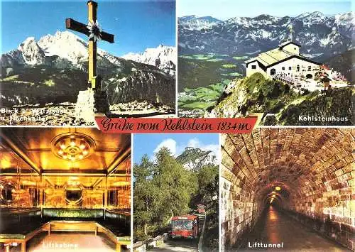 Ansichtskarte Deutschland - Grüße vom Kehlstein / Blick auf Watzmann und Hochkalter, Kehlsteinhaus, Liftkabine, Busse, Lifttunnel (2034)