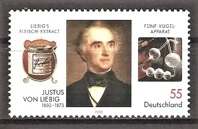 Briefmarke BRD Mi.Nr. 2337 ** Justus Freiherr von Liebig 2003 / Chemiker, Dose mit Fleischextrakt, chemische Apparatur