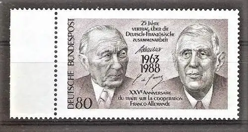 Briefmarke BRD Mi.Nr. 1351 ** Seitenrand links - Bundeskanzler Dr. Konrad Adenauer & Staatspräsident Charles de Gaulle 1988