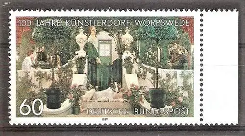 Briefmarke BRD Mi.Nr. 1430 ** Seitenrand rechts - Künstlerdorf Worpswede 1989 / "Der Sommerabend" - Gemälde von Heinrich Vogeler