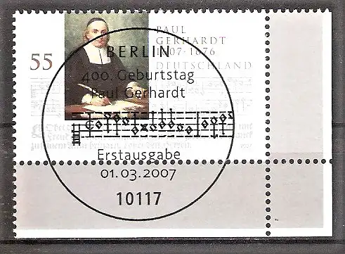 Briefmarke BRD Mi.Nr. 2592 o ESST BERLIN / BOGENECKE u.r. / 400. Geburtstag von Paul Gerhardt 2007 - Lutherischer Theologe