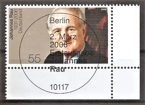 Briefmarke BRD Mi.Nr. 2528 o ESST Berlin / Bogenecke unten rechts / Tod von Bundespräsident Johannes Rau 2006