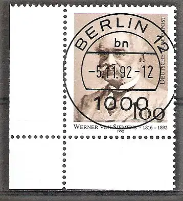 Briefmarke BRD Mi.Nr. 1642 o BOGENECKE u.l. / Ersttagstagesstempel VOLLSTEMPEL BERLIN / 100. Todestag von Werner von Siemens 1992