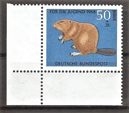 Briefmarke BRD Mi.Nr. 552 ** Bogenecke unten links - Jugend 1968 / Seltene Tiere - Biber (Castor fiber)