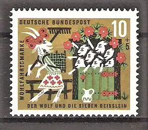 Briefmarke BRD Mi.Nr. 408 ** Wohlfahrt 1963 - Märchen der Brüder Grimm / Szene aus dem Märchen „Der Wolf und die sieben Geißlein“