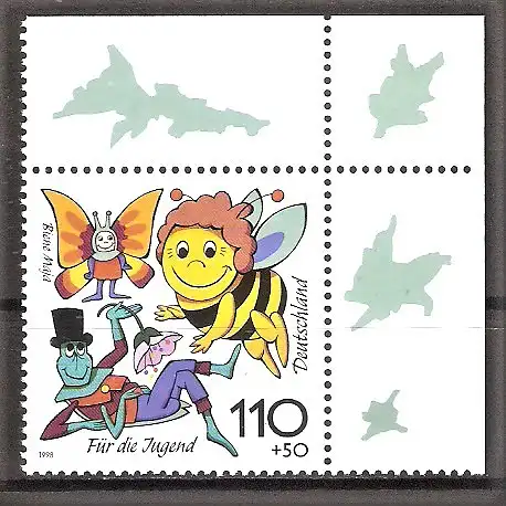 Briefmarke BRD Mi.Nr. 1992 ** Bogenecke oben rechts Jugend 1998 - Trickfilmfiguren / Die Biene Maja