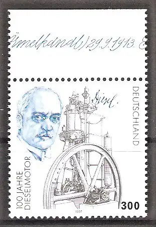Briefmarke BRD Mi.Nr. 1942 ** Oberrand - 100 Jahre Dieselmotor 1997 / Rudolf Diesel und Erster Dieselmotor