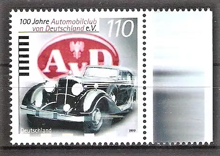 Briefmarke BRD Mi.Nr. 2043 ** Seitenrand rechts - 100 Jahre Automobilclub von Deutschland (AvD) 1999 / Maybach