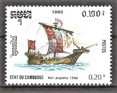 Briefmarke Kambodscha Mi.Nr. 1158 o Segelschiffe 1990 / Englisches Nef (um 1200)