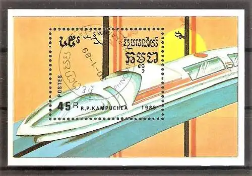 Briefmarke Kambodscha Block 163 o (Mi.Nr. 1014) Schienenfahrzeuge 1989