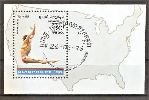 Briefmarke Kambodscha BLOCK 220 o (Mi.Nr. 1604) Internationale Briefmarkenausstellung OLYMPHILEX ’96 Atlanta / Wasserspringen