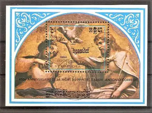 Briefmarke Kambodscha BLOCK 140 o (Mi.Nr. 627) 450. Todestag von Correggio 1984 / Gemälde - "Christus krönt Maria"
