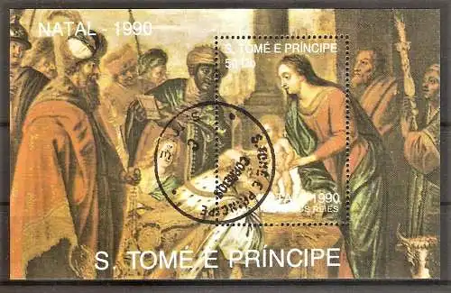 Briefmarke Sao Tome & Principe BLOCK 240 o (Mi.Nr. 1203) Weihnachten 1990 / Gemälde - "Anbetung der Könige"