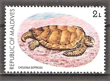 Briefmarke Malediven Mi.Nr. 864 ** Naturschutz 1980 / Meeresschildkröten - Australische Suppenschildkröte (Chelonia depressa)