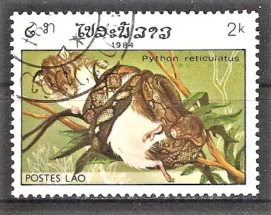 Briefmarke Laos Mi.Nr. 775 o Reptilien 1984 / Netzpython (Python reticulata)