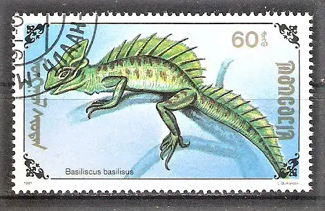 Briefmarke Mongolei Mi.Nr. 2289 o Reptilien 1991 / Helmbasilisk (Basiliscus basiliscus)