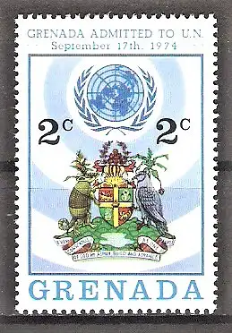 Briefmarke Grenada Mi.Nr. 650 ** Eintritt in die UNO am 17. September 1974 / UNO-Emblem & Nationalwappen von Grenada