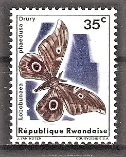 Briefmarke Ruanda Mi.Nr. 148 A ** Schmetterlinge 1966 / Vieräugiger Seidenspinner (Lobobunaea phaedusa)