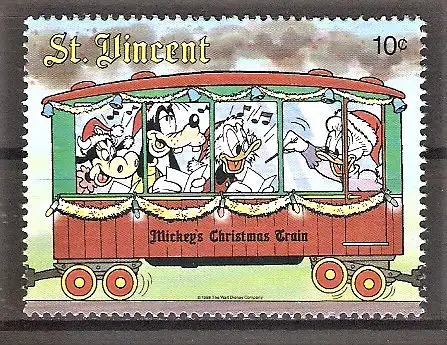 Briefmarke St. Vincent Mi.Nr. 1142 ** Weihnachten 1988 / Walt-Disney-Figuren - Klarabella, Goofy, Dagobert, Oma Duck