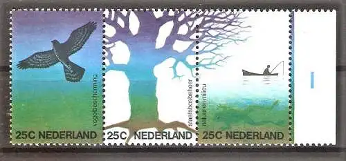 Briefmarke Niederlande Mi.Nr. 1023-1025 ** Dreierstreifen - Umwelt 1974 / Habicht, Baum, Fischer & Frosch / Kompletter Satz !