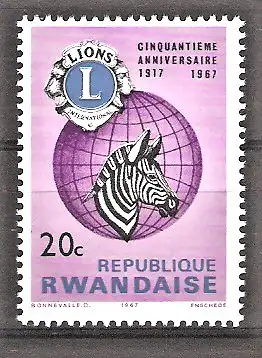 Briefmarke Ruanda Mi.Nr. 243 A ** 50 Jahre Lions International 1967 / Steppenzebra (Equus quagga)