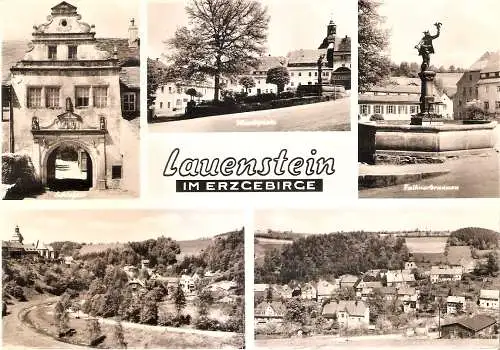 Ansichtskarte Deutschland - Lauenstein im Erzgebirge / Schloßtor, Marktplatz, Falknerbrunnen, Ortsansichten (2324)