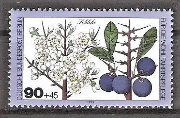 Briefmarke Berlin Mi.Nr. 610 ** Blätter, Blüten und Früchte des Waldes 1979 / Schlehe (Prunus spinosa)