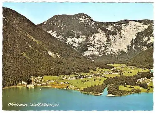 Ansichtskarte Österreich - Obertraun am Hallstättersee / Ortsansicht mit Dachstein, Badestrand am Hallstättersee und Traunmündung (2064)