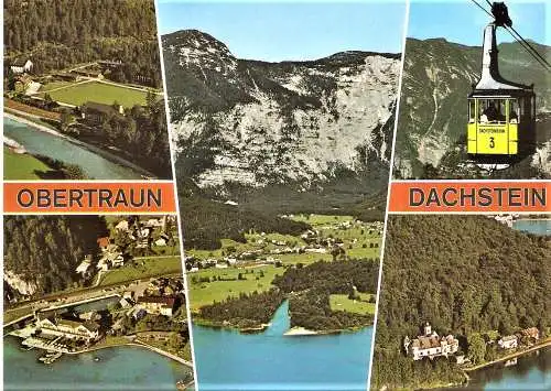Ansichtskarte Österreich - Obertraun am Hallstättersee - Ortsansicht, Bundessportschule, Krippensteingondel (Dachsteinbahn), Strandbad am Hallstättersee und Schloß Grub (2065)
