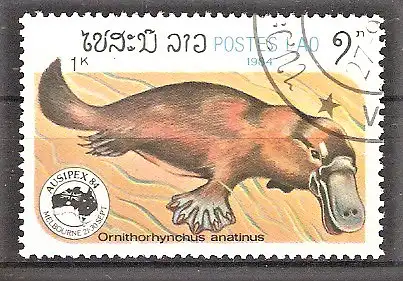 Briefmarke Laos Mi.Nr. 781 o Internationale Briefmarkenausstellung AUSIPEX ’84 Melbourne / Tiere - Schnabeltier (Ornithorhynchus anatinus)