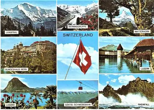 Ansichtskarte Schweiz - Jungfrau, Berninagruppe, Matterhorn, Bundeshaus Bern, Nationalflagge, Luzern, Lugano, Säntis-Schwebebahn... (2091)
