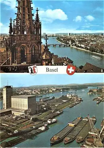 Ansichtskarte Schweiz - Basel / Ortspanorama und Industriehafen mit Schubschiffen (2092)