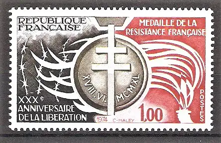 Briefmarke Frankreich Mi.Nr. 1897 ** Widerstandskämpfer-Medaille 1974