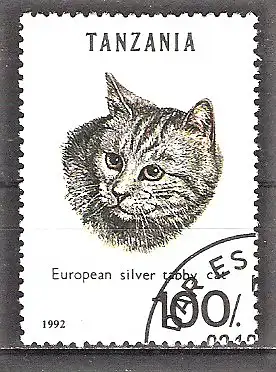 Briefmarke Tanzania Mi.Nr. 1409 o Katzen 1992 / Silbergestreifte europäische Hauskatze