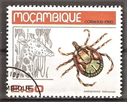 Briefmarke Mocambique Mi.Nr. 739 o Zecken und ihre Wirtstiere 1980 / Südafrikanische Bont-Zecke (Amblyomma hebraeum) & Giraffe