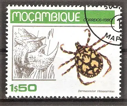 Briefmarke Mocambique Mi.Nr. 738 o Zecken und ihre Wirtstiere 1980 / Buntzecke Dermacentor rhinocerinus & Nashorn