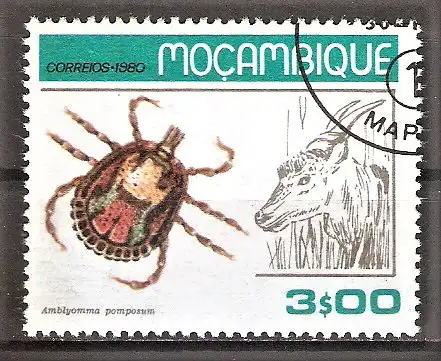 Briefmarke Mocambique Mi.Nr. 740 o Zecken und ihre Wirtstiere 1980 / Schildzecke Amblyomma pomposum & Antilope