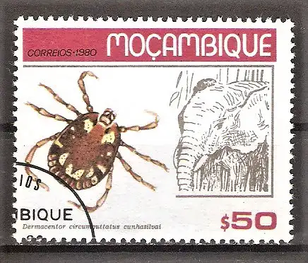 Briefmarke Mocambique Mi.Nr. 737 o Dermacentor circumguttatus cunhasilvai & Elefant