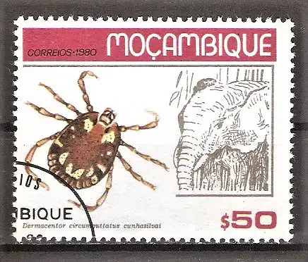 Briefmarke Mocambique Mi.Nr. 737 o Zecken und ihre Wirtstiere 1980 / Dermacentor circumguttatus cunhasilvai & Elefant