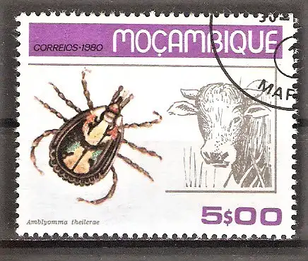 Briefmarke Mocambique Mi.Nr. 741 o Zecken und ihre Wirtstiere 1980 / Amblyomma theilerae & Rind