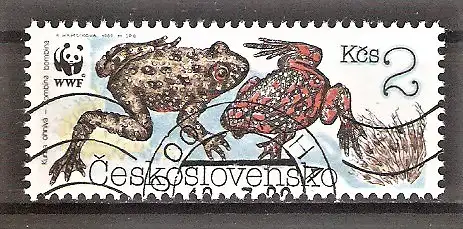 Briefmarke Tschechoslowakei Mi.Nr. 3007 o Weltweiter Naturschutz 1989 / Amphibien - Rotbauch-Unke (Bombina bombina)